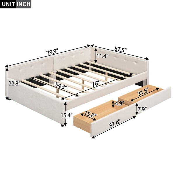 English Elm Full Full Size Upholstered Platform Bed with USB Ports, 2 Storage Drawers, Beige Linen Elegance DL000585AAA
