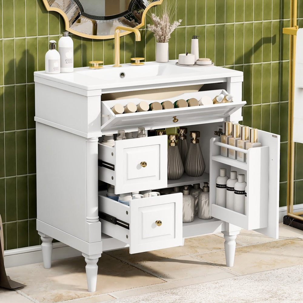 English Elm 30" Freestanding Bathroom Vanity Rubberwood Frame Ceramic Sink Flip Drawer Storage White N725P356062K