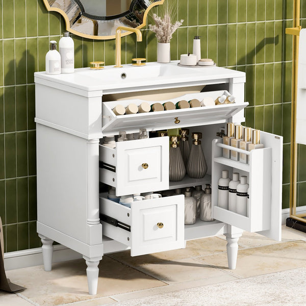 English Elm 30" Freestanding Bathroom Vanity Rubberwood Frame Ceramic Sink Flip Drawer Storage White N725P356062K
