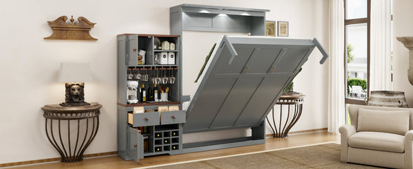 English Elm Queen Murphy Bed with Wine Rack Glass Holder Led Lighting and Cabinet White Gray LP000391AAE