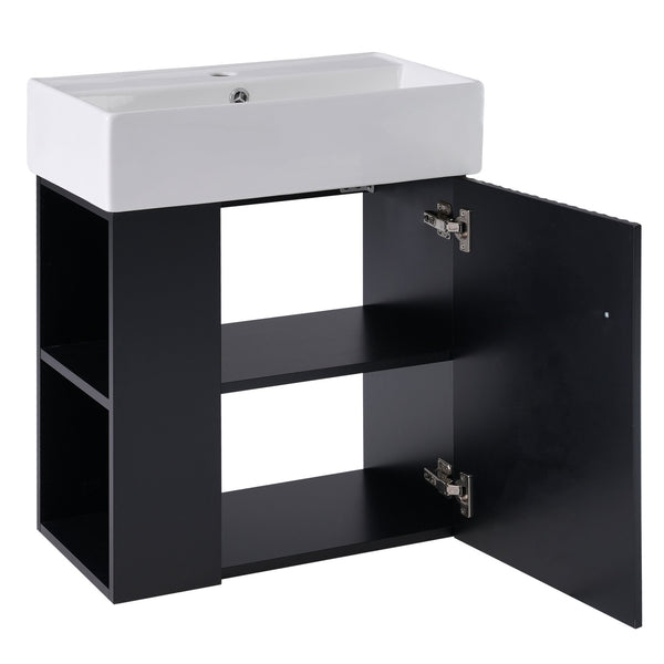 English Elm 21.6 Modern Floating Bathroom Vanity with Ceramic Basin, Wave Door, Rose Gold Handle, Space-Saving Black N729P170390B