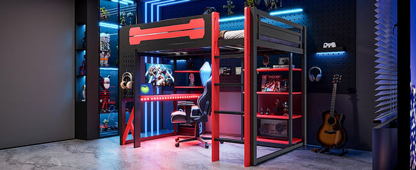 English Elm Full Size Loft Bed with Rgb Lighting Chevron Desk Usb Charging Ports and Storage Shelves Black+Red LT000286AAR
