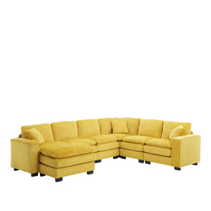 English Elm Modern U Shaped 6-Seat Sectional Sofa with Ottoman and 3 Toss Pillows, Corduroy Modular Comfort and Durable Frame Yellow W2363S00040