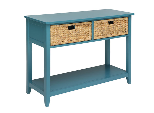 English Elm Flavius Rustic Console Table with 2 Basket-Front Drawers, Open Bottom Shelf & Solid Wood Legs Teal 48 L x 19 W x 9 H B2726P272975