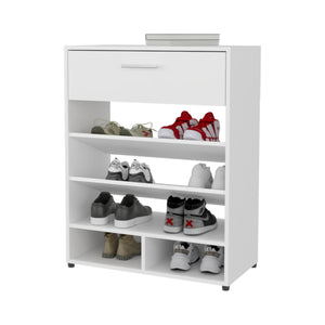 English Elm FM FM FURNITURE Onawa Modern Shoe Rack with Drawer, White — Sleek Entryway Organizer with Spacious Shelf Storage and Durable Melamine Finish B128P293860