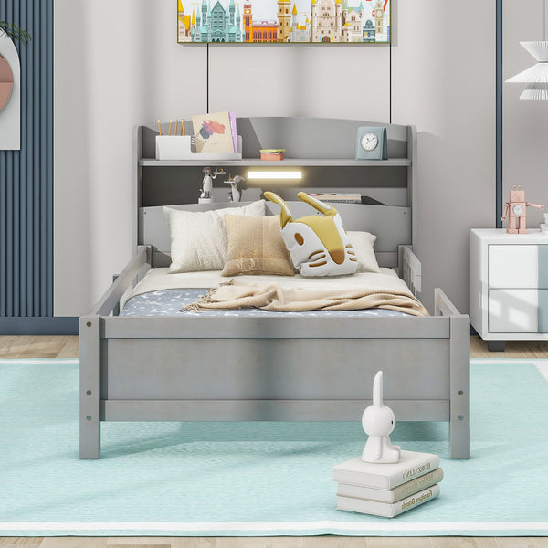 English Elm Wood Twin Platform Bed with LED Headboard Light, Built-In Storage Shelves and Safety Guardrail 93 Antique Gray WF308150AAE