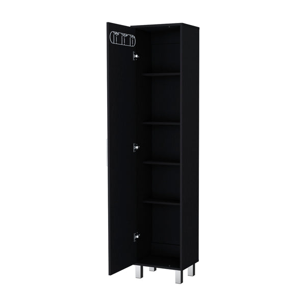 English Elm Lawen Slim Tall Storage Cabinet with Single Door, 3 Broom Hangers, White Wood Finish, Stylish Legs B128P203050