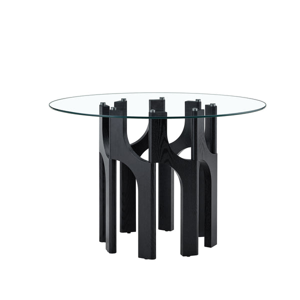 English Elm Round Tempered Glass Dining Table Sculptural Geometric Mdf Base Seats Four Compact Black W3875P387177