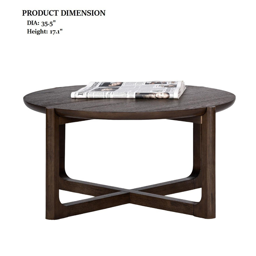 English Elm Transitional 36" Round Cocktail Table With Trestle Base In Wire-Brushed Dark Walnut Finish For Living Rooms B2741P404269-GIGA