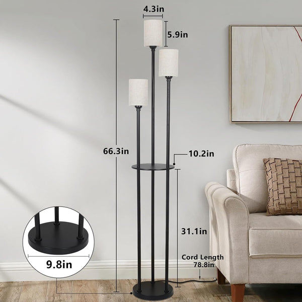 English Elm Floor Lamp With Shelves - 3-Light Industrial Design, Linen Shades & Foot Switch For Stylish Spaces W2738P185430