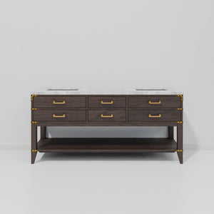 English Elm Brown Oak Double Bath Vanity 72" W x 22" D with Polished Carrara Marble Top, Solid Wood, Soft-Close Storage B2731P260290