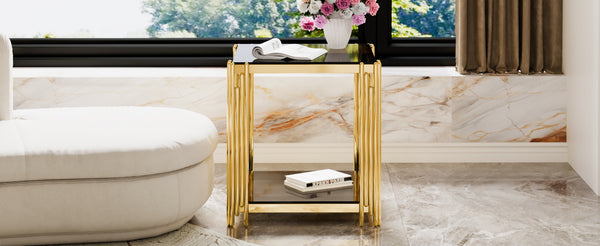 English Elm Modern Round Mirrored Glass End Table with Gold Metal Frame and Lower Display Shelf Black N735P380093B