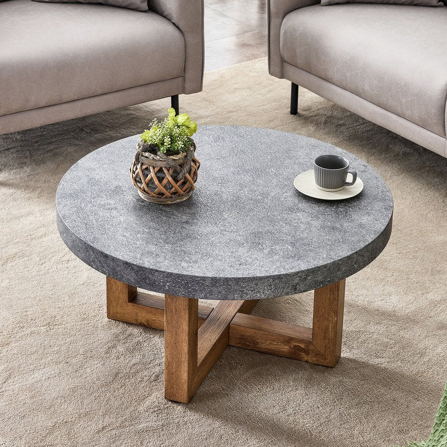 English Elm Modern Gray Texture MDF Round Coffee Table 31.4" – Retro Cross-Leg Design, Thick Top, Sturdy, Sleek Decor W1151P209822