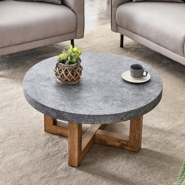English Elm Modern Gray Texture MDF Round Coffee Table 31.4" – Retro Cross-Leg Design, Thick Top, Sturdy, Sleek Decor W1151P209822