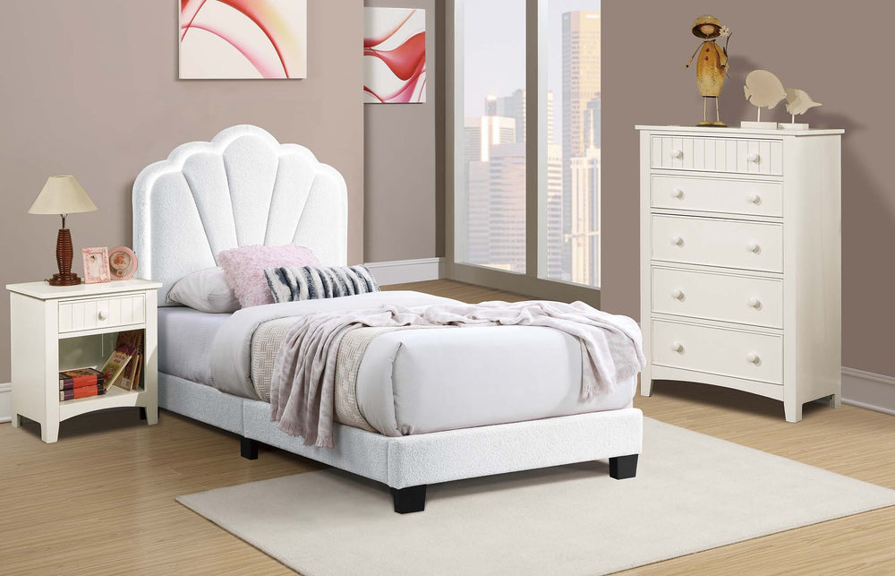 English Elm 1pc Twin Platform Bed White Wool Upholstery Floral Tufted Headboard with Built-in Led B011P417508