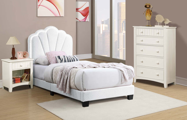 English Elm 1pc Twin Platform Bed White Wool Upholstery Floral Tufted Headboard with Built-in Led B011P417508
