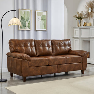 English Elm 79" Three Seat Pu Faux Leather Sofa Tufted Back Wide Arm with Hidden Storage Brown W1097S00248