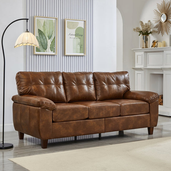English Elm 79" Three Seat Pu Faux Leather Sofa Tufted Back Wide Arm with Hidden Storage Brown W1097S00248