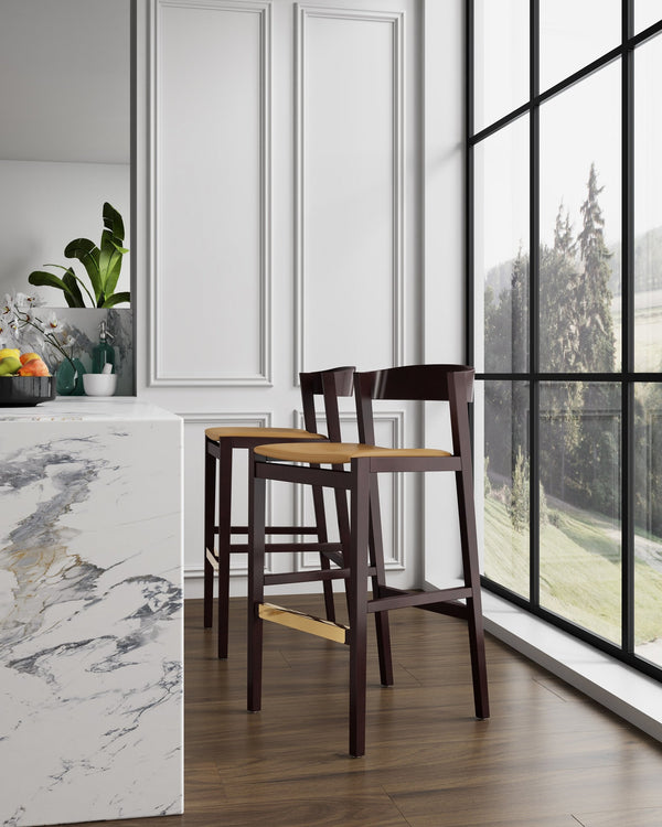 English Elm Klismos Beech Wood Upholstered Barstool in Camel — 30.5" Seat Height, Walnut Finish, Gold Footrest, Fully Assembled B365P398457