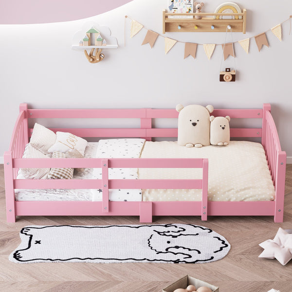 English Elm Twin Montessori Floor Bed Solid Pine Frame with Safety Guardrails for Kids Bedroom Pink N733P400298H