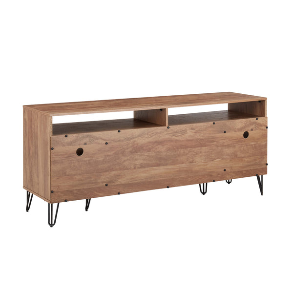 English Elm Dumbo 63" Fluted Media Console with Gold Legs, 2 Drawers, 6 Shelves & Wire Management Elegance Brown B365P397913