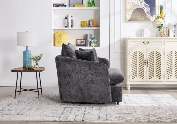 English Elm 360° 360 Swivel Oversized Chenille Armchair with Pocket Spring Seat and Three Throw Pillows Dark Gray W1361S00072