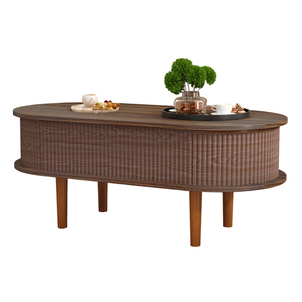 English Elm Fluted Oval Lift Top Coffee Table with Hidden Storage Mid-century Modern Living Room Walnut W2641P384388