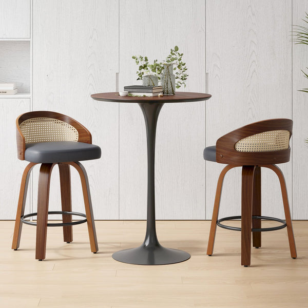 English Elm Swivel Counter Stools Set of 2 Rattan Back Pu Seat Mid Century Wood Frame Kitchen Black T3623P431195