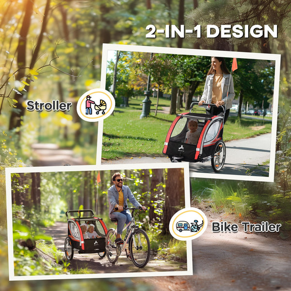 English Elm Aosom 2-in-1 Walk Ride Kids Bike Trailer & Stroller, 2-Seat Weatherproof Wagon with Flag, Red W2225P216990