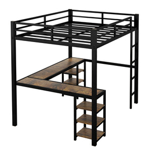 English Elm Full Metal Loft Bed With Vintage Wood Desk & Shelves - Stylish Space-Saving Solution For Bedrooms W1580S00040