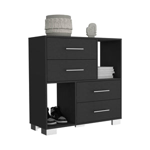 English Elm Dresser with Two Open Shelves and Four Drawers, 35" Tall Storage Chest with Metal Handles, Sleek Finish Black 40.15 L x 18.5 W x 9.45 H B097133002