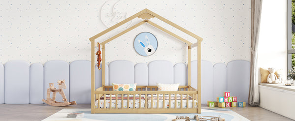 English Elm Double Twin House-Style Floor Bed with Fence Guardrails for Kids, Pine & Plywood Durable Design Natural W504P308461