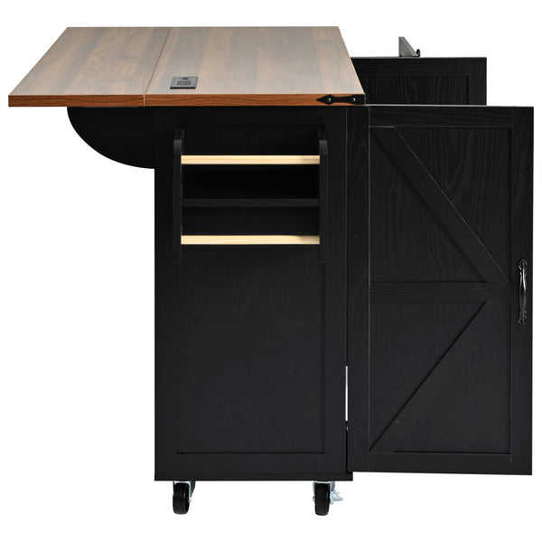 English Elm K&K 54.5" Farmhouse Kitchen Island with Drop Leaf, Built-In Power Station, Rolling Storage Cart Black N707P170349B