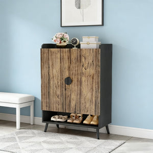 English Elm Rustic Seven Tier Shoe Cabinet with Swing Doors Adjustable Entryway Organizer Black,Rustic Brown T3971P448681