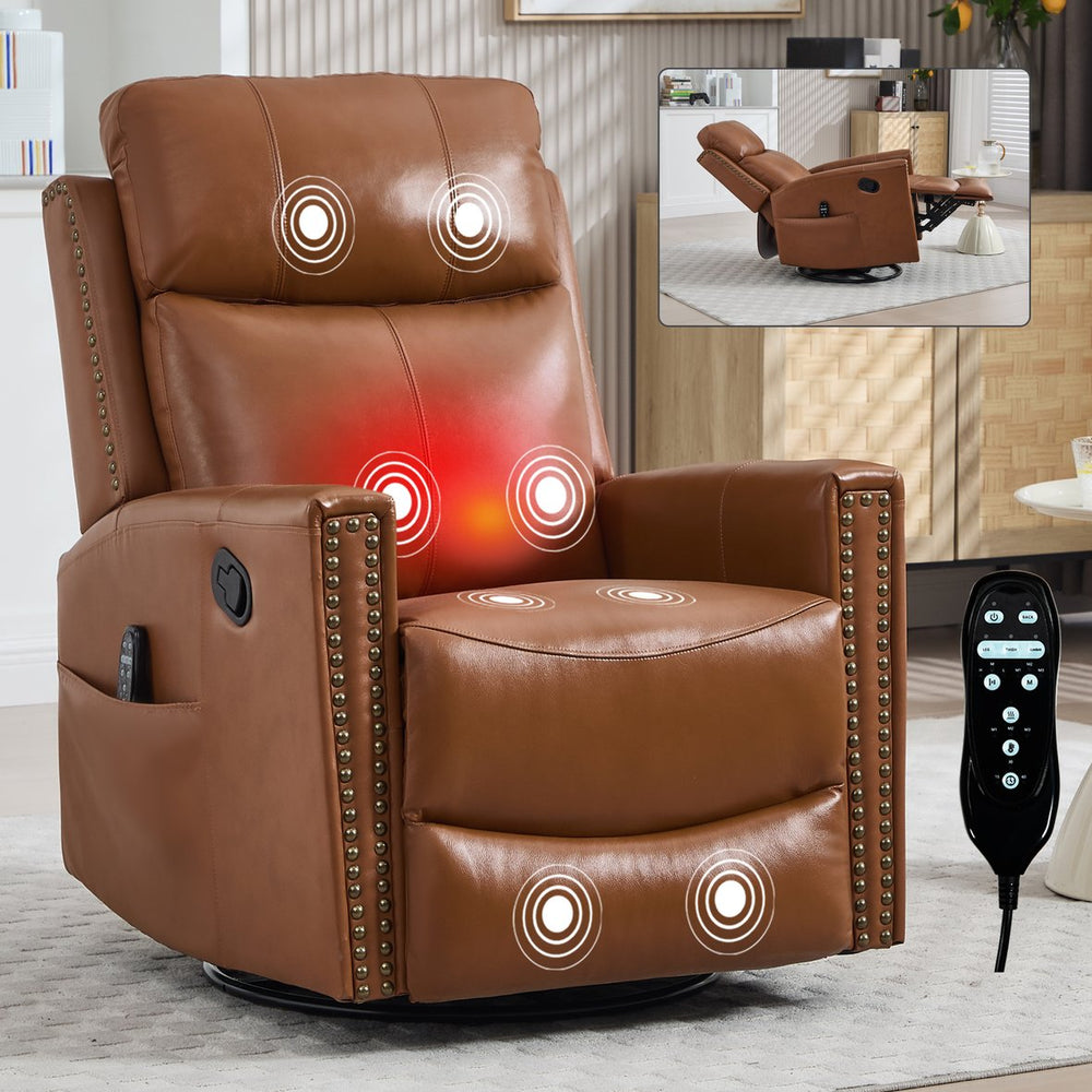 English Elm Deep Ochre Genuine Leather Swivel Rocker Recliner with Massage Heat for Living Room W1803P323711