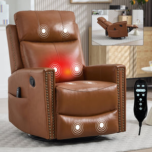 English Elm Deep Ochre Genuine Leather Swivel Rocker Recliner with Massage Heat for Living Room W1803P323711