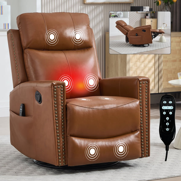 English Elm Deep Ochre Genuine Leather Swivel Rocker Recliner with Massage Heat for Living Room W1803P323711