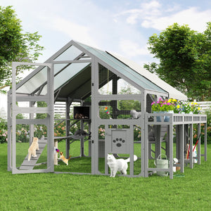 English Elm Large Walk-in Pine Wood Catio Enclosure with Platforms Resting Boxes and Planter Grey N704G201619E