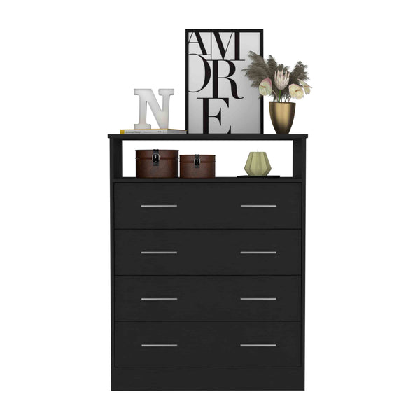 English Elm Four Drawer Dresser with Superior Top and Open Shelf, Engineered Wood, Metal Hardware, Modern Storage Black 46 L x 21 W x 4 H B097S00113