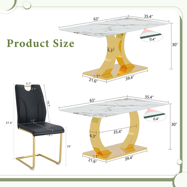 English Elm Marble-Patterned Foldable Dining Table With 4 Black U-Shaped Armchairs - Modern, Space-Saving Set W2920S00087