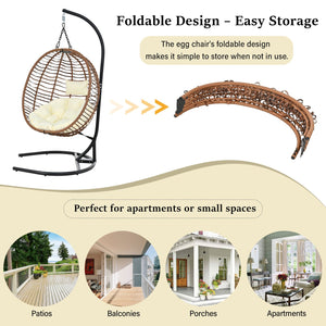English Elm U_style Wicker Hanging Egg Chair with Stand Foldable Indoor Outdoor Swing Seat Brown+Beige N711P389503K