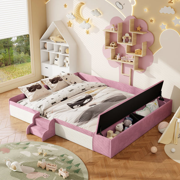 English Elm King Velvet Kids Platform Bed with Padded Guardrails Staircase and Storage Ottoman Pink+White SF000204AAH