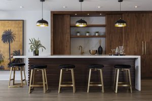 Sunpan Hendrix Swivel Counter Stool: Chic Black Cowhide Seat with Bold Yellow Gold Steel Base for Stylish Dining