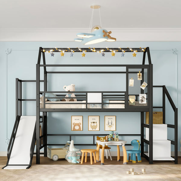 English Elm Twin House Loft Bed with Slide and Stairs, Metal Playhouse with Storage Shelves and Quiet Design Black W1580S00348