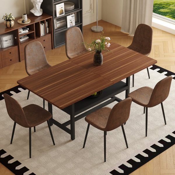 English Elm Table Set: Modern Walnut Grain Dining Table With 6 Comfortable Techno-Fabric Chairs & Storage Shelf W1151S04290-GIGA