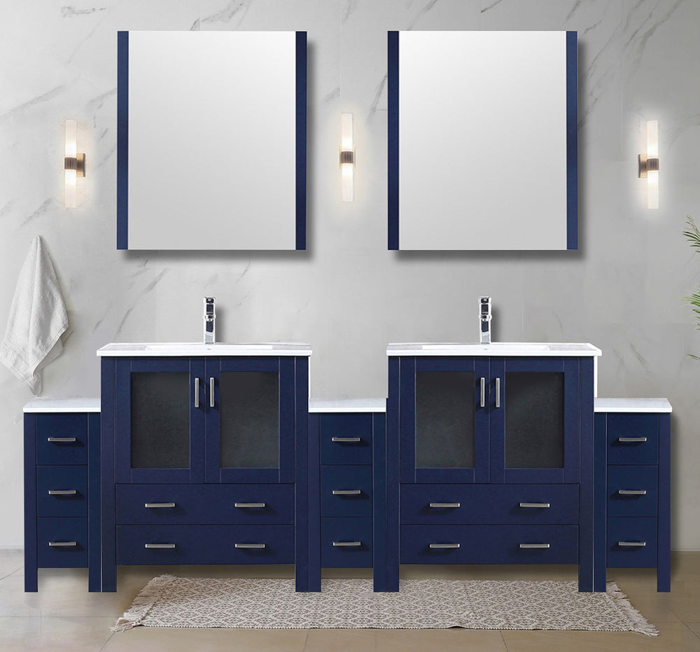 English Elm Navy Double Bath Vanity 96" W x 18.25" D with Side Cabinets, White Ceramic Top, Mirrors & Faucet Set B2731S01225