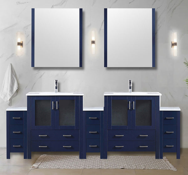 English Elm Navy Double Bath Vanity 96" W x 18.25" D with Side Cabinets, White Ceramic Top, Mirrors & Faucet Set B2731S01225