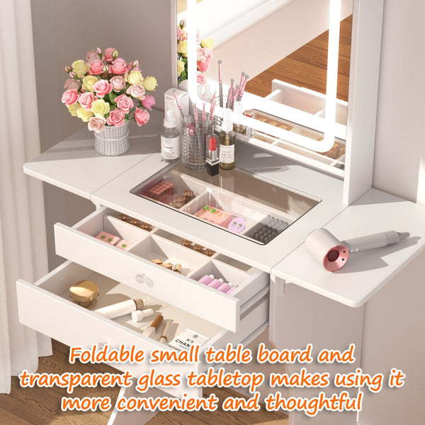 English Elm Vanity Set with Led Mirror Tempered Glass Top Foldable Tables and Stool for Bedroom W3767P441924