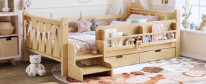 English Elm Twin Pine Floor Bed with Guardrails Built-in Bookcases and Stair Steps for Kids Light Natural W1580P430201