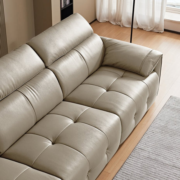 English Elm Genuine Top-grain Leather Three-seat Sofa with Reclining Backrests and Center Storage Beige White W1765S00132
